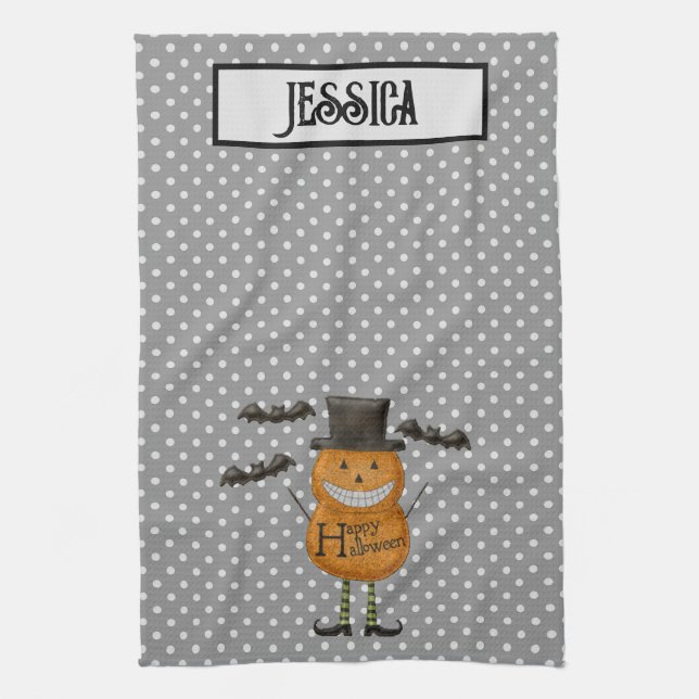 Linge De Cuisine Homme citrouille - Halloween heureux - Pois gris (Vertical)