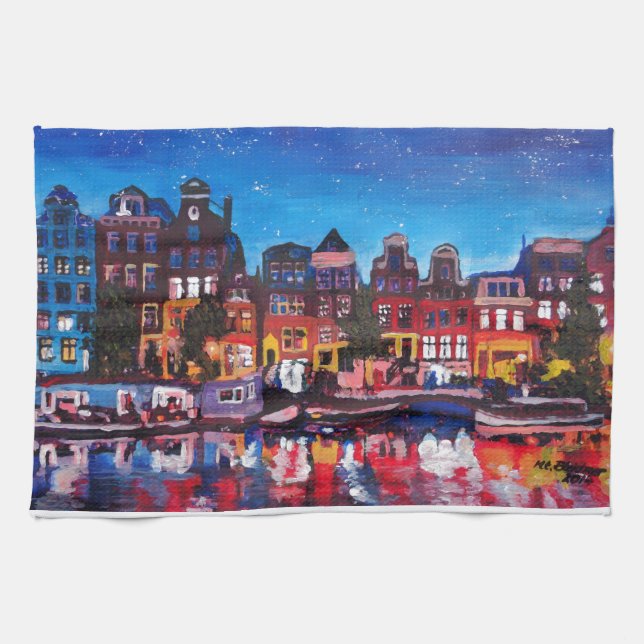Linge De Cuisine Horizon d'Amsterdam avec le canal la nuit (Horizontal)