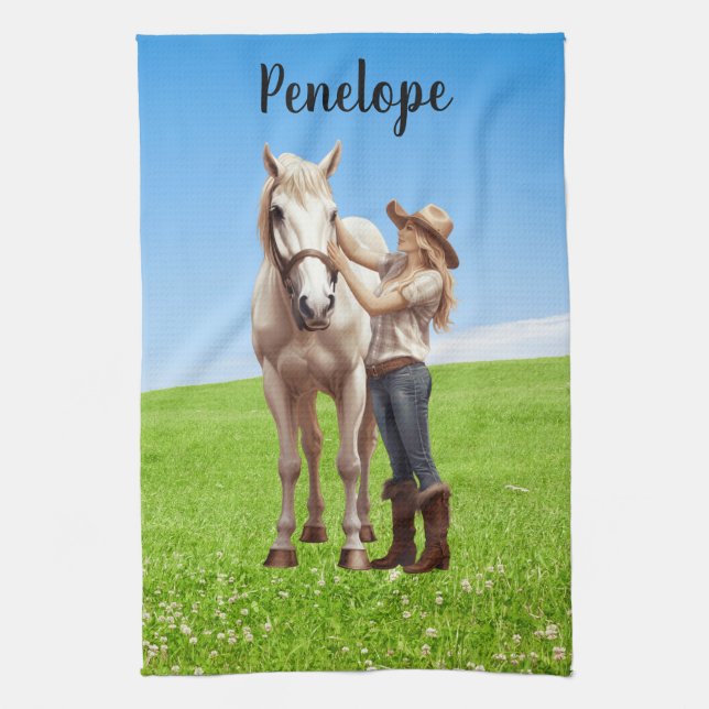 Linge De Cuisine Horse Girl Horseback équitation Meadow Personnalis (Vertical)