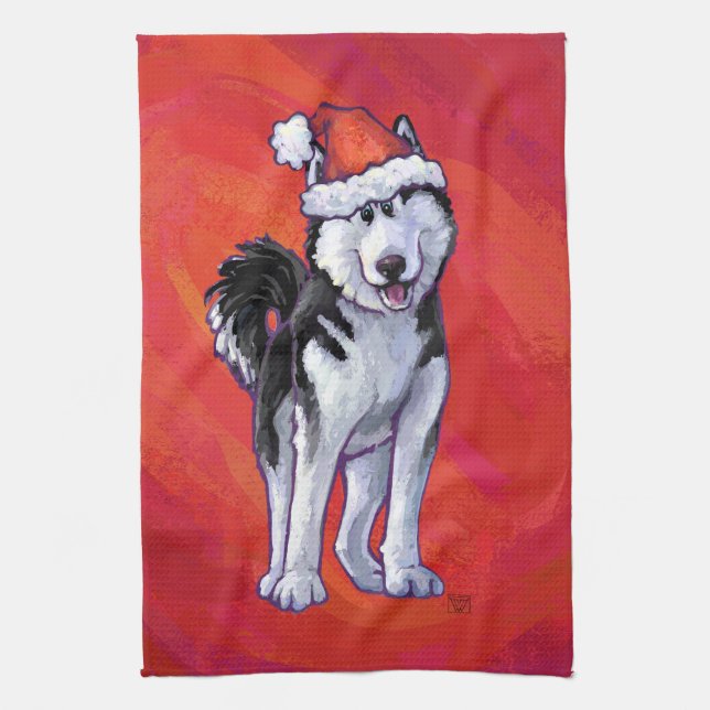 Linge De Cuisine Husky à Santa Hat Sur Rouge (Vertical)