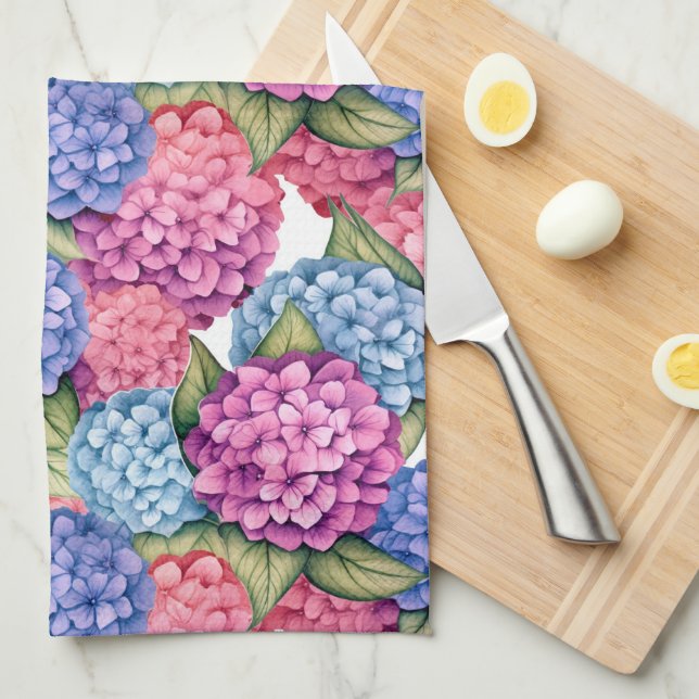 Linge De Cuisine Hydrangea Floral bleu rose (Quart Plié)