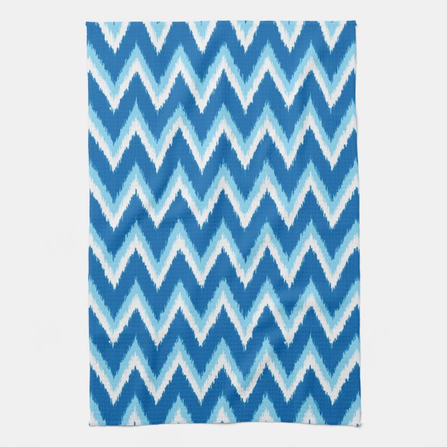 Linge De Cuisine Ikat Chevron Stripes - Cobalt, Sky Blue et White (Vertical)
