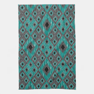 Linge De Cuisine Ikat Diamond Motif - Noir Turquoise