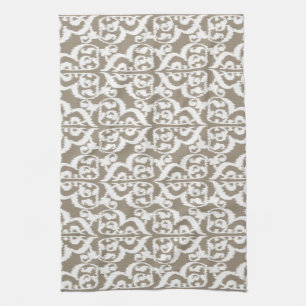 Linge De Cuisine Ikat Moorish Damask - taupe tan et blanc