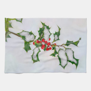 Linge De Cuisine Ilex Red Christmas Holly Berries in Winter Snow —