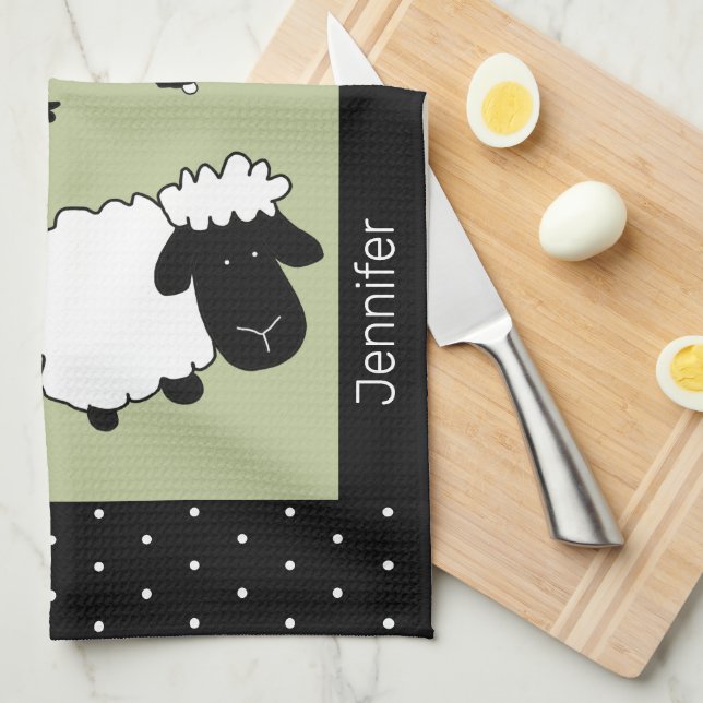 Linge De Cuisine Illustration de mouton mignon noir, blanc, vert d' (Quart Plié)