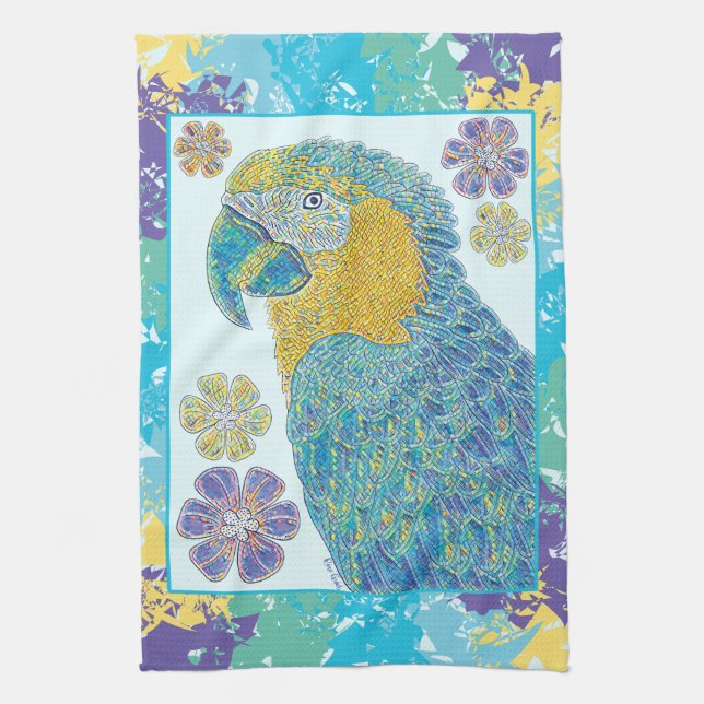 Linge De Cuisine Illustration florale de Macaw bleu jaune vibre (Vertical)