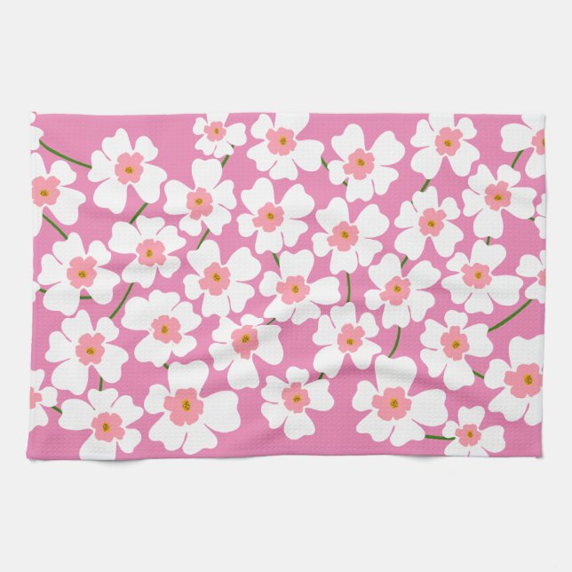 Linge De Cuisine Imaginaire blanc  Motif rose (Horizontal)