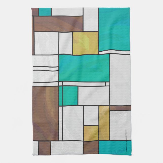 Linge De Cuisine Impression Brown jaune Turquoise Mondrial (Vertical)