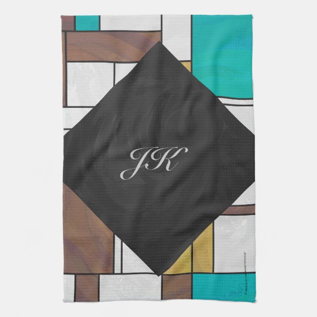 Linge De Cuisine Impression Brown jaune Turquoise Mondrial (Vertical)