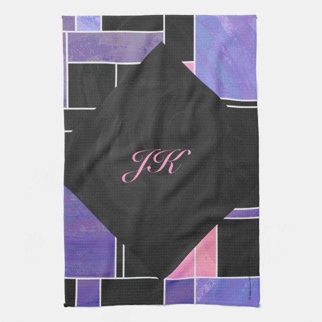 Linge De Cuisine Impression noire violet mondriaque (Vertical)