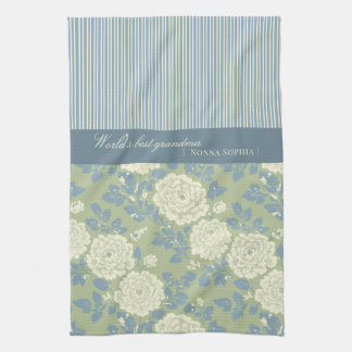 Linge De Cuisine Imprimé floral bloc bleu vert avec rayures bleues
