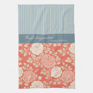 Linge De Cuisine Imprimé floral rouge à rayures bleues