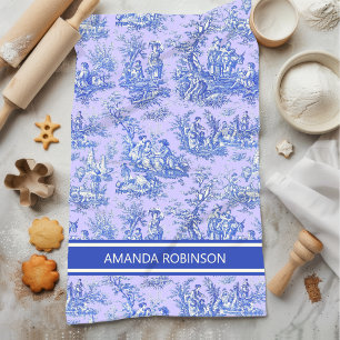 Linge De Cuisine imprimé vintage bleu violet toile de jouy