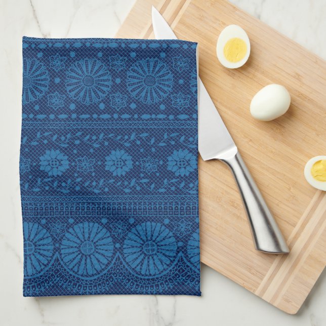 Linge De Cuisine Indigo Blue Floral Faux Lace Motif (Quart Plié)