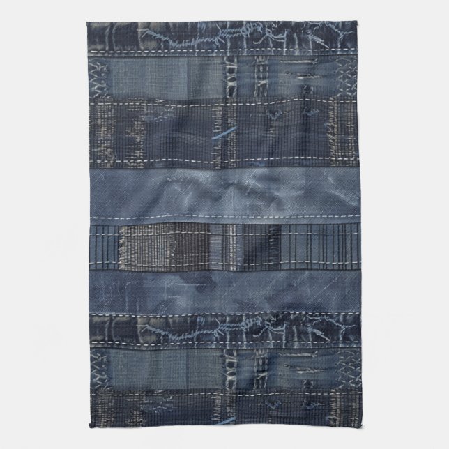 Linge De Cuisine Indigo Denim Patchwork Seamless Motif (2) (Vertical)