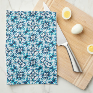 Linge De Cuisine Indigo, Turquoise, Bleu Ciel & Blanc Floral Damass