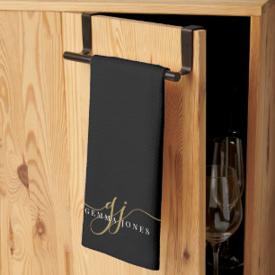 Linge De Cuisine Initiales de script or Monogramme minimaliste noir
