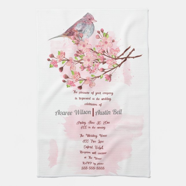 Linge De Cuisine Invitation Oiseaux rouges et fleurs de cerisiers r (Vertical)