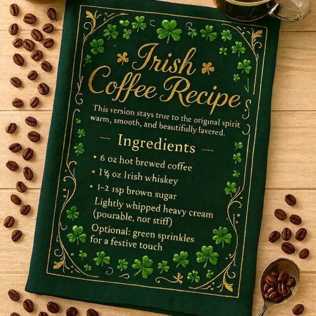 Linge De Cuisine Irish Coffee Recipe St Patrick's Day  (Irish coffee recipe kitchen towel for coffee lovers )