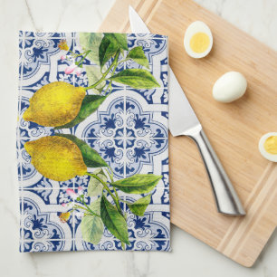 Linge De Cuisine Italien Amalfi bleu carreaux blancs citrons