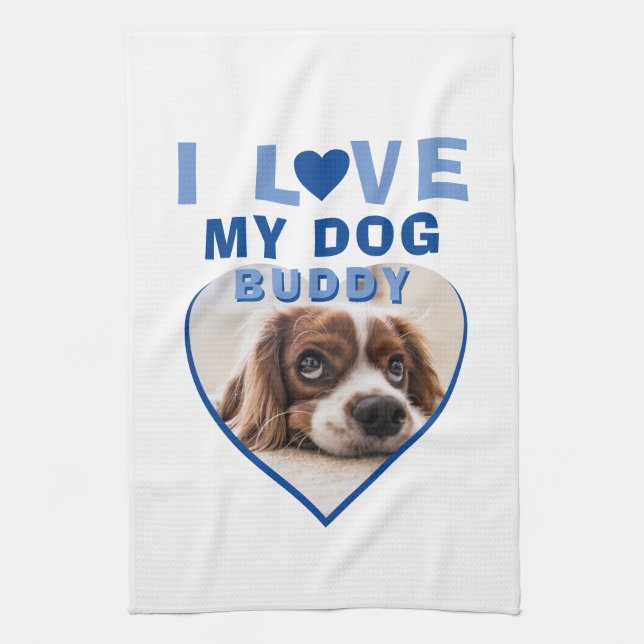 Linge De Cuisine J'aime mon chien Blue Heart Photo Nom de l'animal (Vertical)