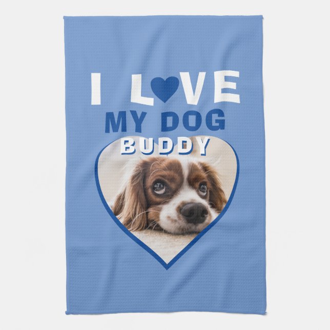 Linge De Cuisine J'aime mon chien Blue Heart Photo Nom de l'animal (Vertical)