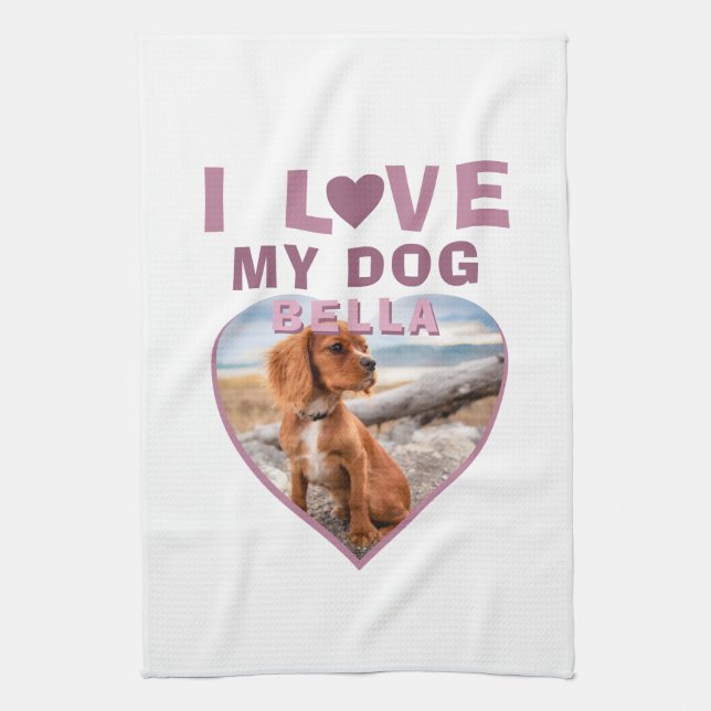 Linge De Cuisine J'aime mon chien rose Coeur Photo Nom de l'animal (Vertical)