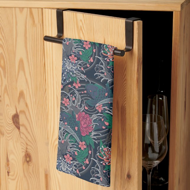Linge De Cuisine Japonais Koi & Chrysanthèmes (Pliage en tiers)