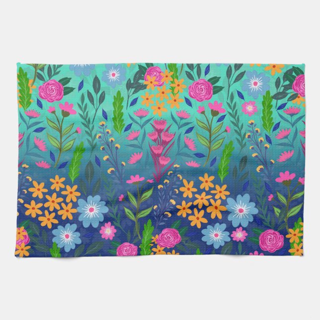 Linge De Cuisine Jardin à fleurs de couleur bleue (Horizontal)