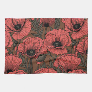 Linge De Cuisine Jardin de coquelicot dans le corail et brun