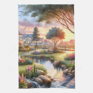 Linge De Cuisine Jardin de Cottage au Ruisseau au Coucher du Soleil