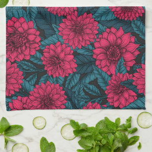 Linge De Cuisine Jardin de Dahlia Rouge/feuilles bleus