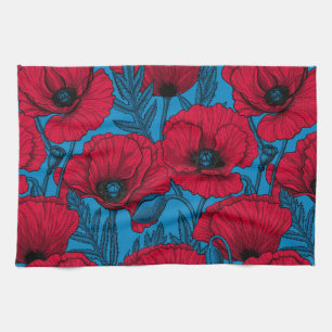 Linge De Cuisine Jardin de pavot rouge sur bleu