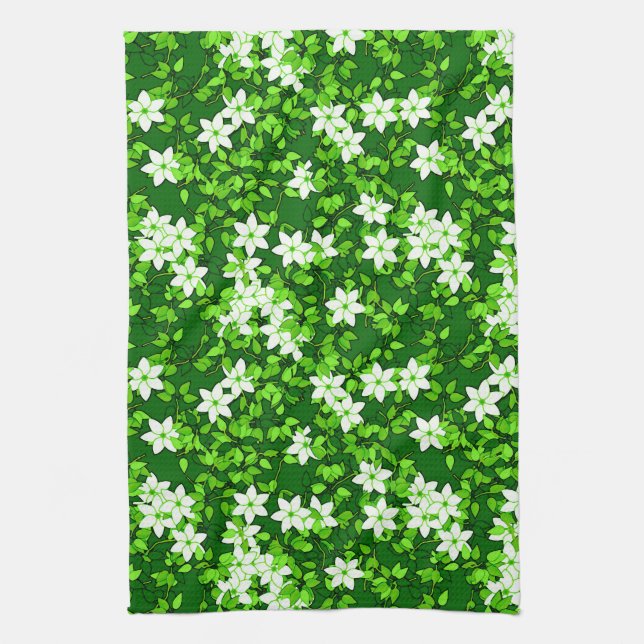 Linge De Cuisine Jasmin Blanc Parmi Les Feuilles Verts (Vertical)