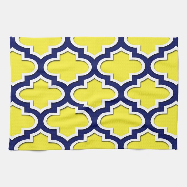 Linge De Cuisine Jaune, Bleu Marine, Lg Quatrefoil Marocain #3DS (Horizontal)