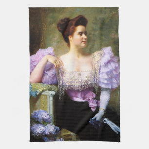 Linge De Cuisine Jeune femme par un bouquet d'hydrangées