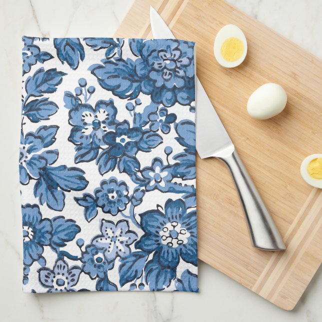 Linge De Cuisine Joli Boho bleu et blanc floral (Quart Plié)