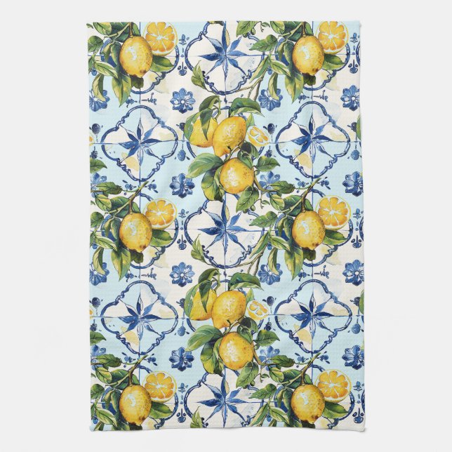 Linge De Cuisine Joli Carreaux Talavera Tout-En-Tête Citrons Imprim (Vertical)