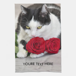 Linge De Cuisine Joli chat avec la rose rouge