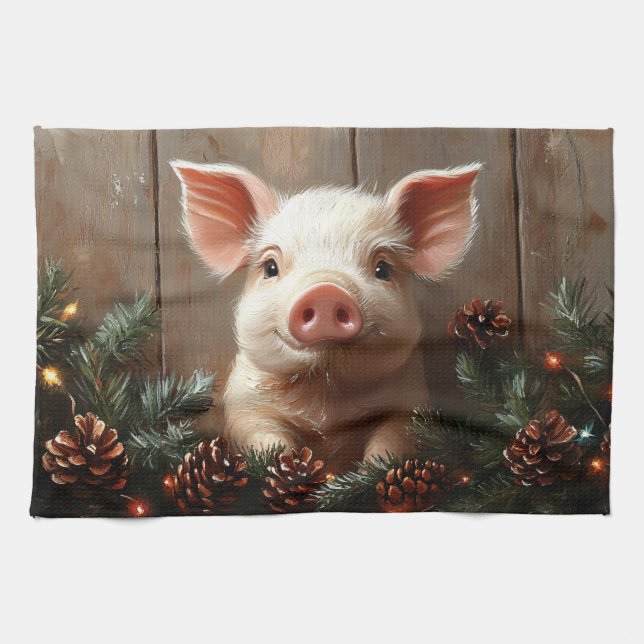 Linge De Cuisine Joli Cochon de Noël Peinture rustique (Horizontal)