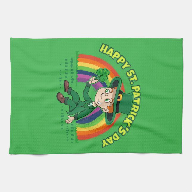 Linge De Cuisine Joli dessin animé leprechaun avec shamrock et arc- (Horizontal)