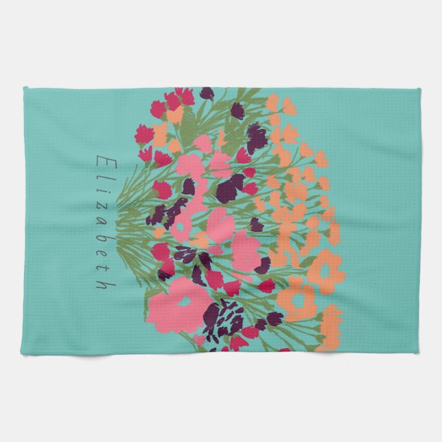 Linge De Cuisine Joli floral coloré Fleurissons + Nom personnalisé (Horizontal)