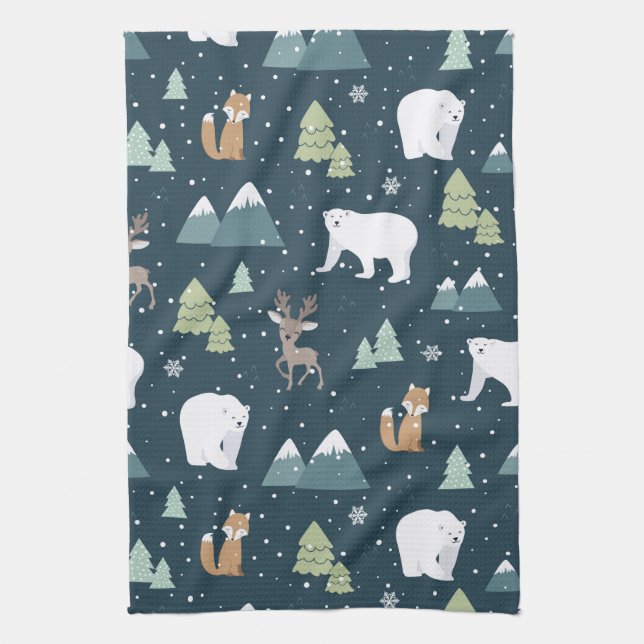 Linge De Cuisine Joli Noël Animaux d'hiver Motif rustique (Vertical)