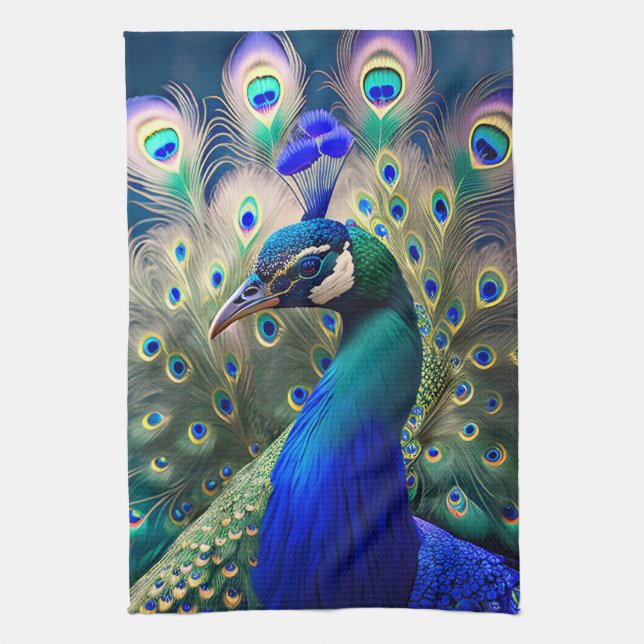 Linge De Cuisine Joli paon avec plumage turquoise et or (Vertical)