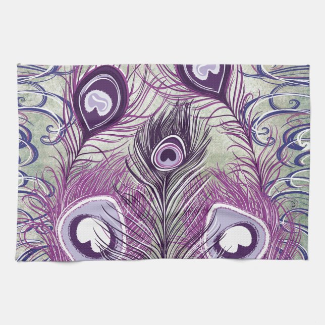 Linge De Cuisine Joli Peacock Violet Plumes Design élégant (Horizontal)