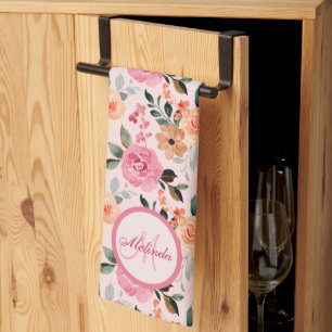 Linge De Cuisine Joli Rose, Orange Tan Floral Monogramme