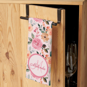 Linge De Cuisine Joli Rose, Orange Tan Floral Monogramme