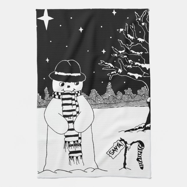 Linge De Cuisine Joli snowman design noir et blanc Noël (Vertical)