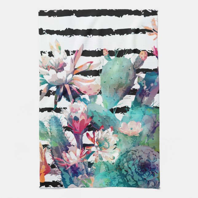 Linge De Cuisine Jolie aquarelle Cactus Floral Black Stripes (Vertical)